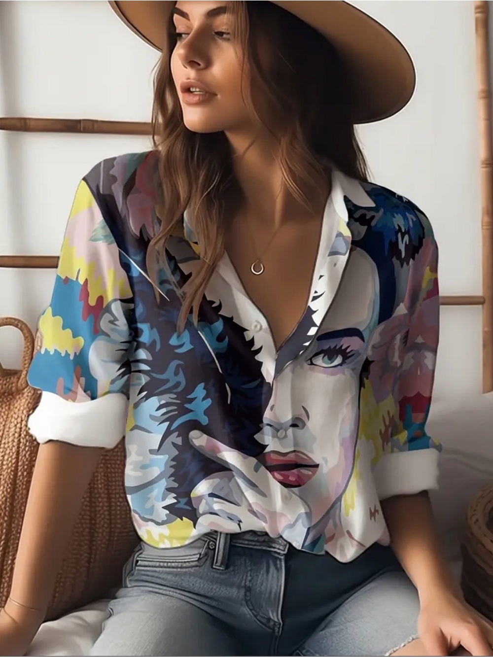 Abstract Portrait Button-Up Blouse in Multicolor
